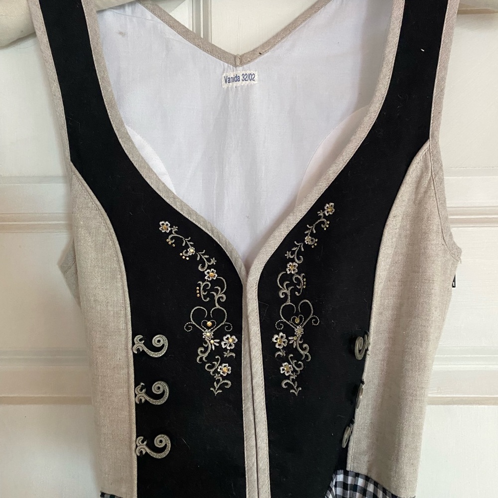 Embroidered German Dirndl style Dress with Apron Black Checked Octoberfest